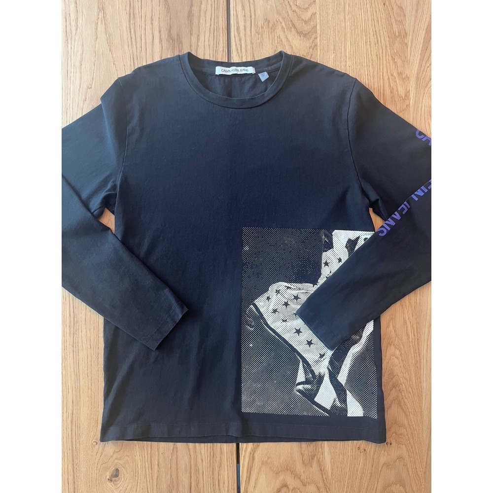 Calvin Klein Jeans Long Sleeve Graphic Tee Men Large Black Streetwear‎ Flag